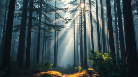 Mysterious forest with fog and sunbeams in the morningの写真素材