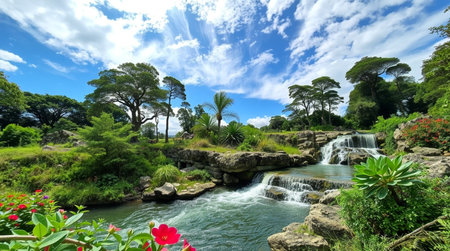 Waterfall in botanical garden in Rotorua, New Zealandの写真素材
