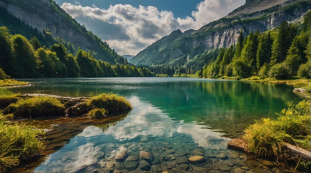 Panoramic view of beautiful alpine lake with crystal clear waterの写真素材