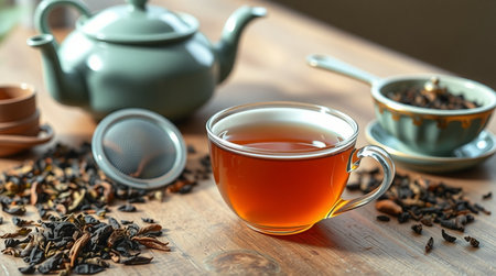 Cup of tea and teapot on wooden table, closeupの写真素材