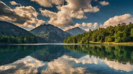 Mountain lake with reflection in the water and cloudy sky at sunsetの写真素材
