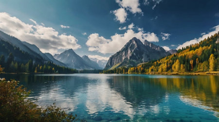 Beautiful alpine lake in autumn. Landscape of mountain lake.の写真素材