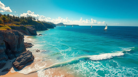 Beautiful panoramic seascape of tropical beach with palm trees.の写真素材