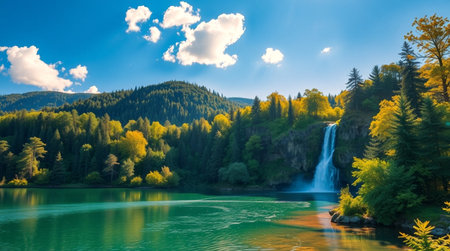 Beautiful autumn landscape with a waterfall on the lake in the mountainsの写真素材
