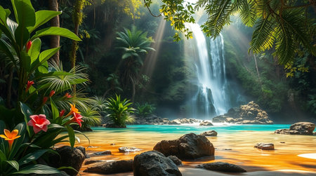 Beautiful waterfall in tropical forest. Waterfall in the jungle.の写真素材