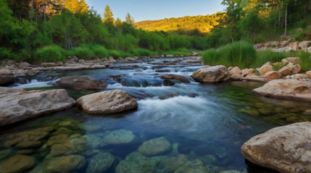 Mountain river in the forest on a sunny summer day. Panoramic viewの写真素材