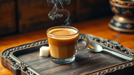 Cup of coffee with milk and sugar on a wooden tray.の写真素材