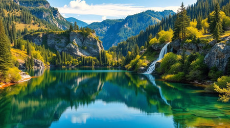Beautiful alpine lake with a waterfall in the mountains. Summer landscapeの写真素材