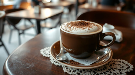 Cappuccino in a cup on a table in a cafeの写真素材
