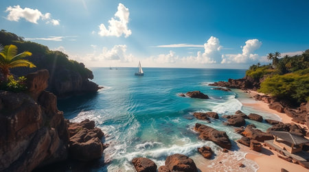 Aerial view of beautiful tropical beach with palm trees and blue oceanの写真素材