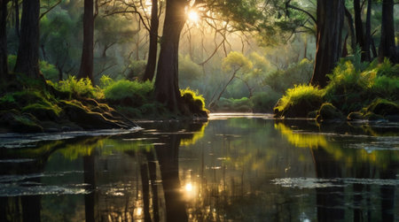 Sunset over a river with trees reflected in the water, Australiaの写真素材