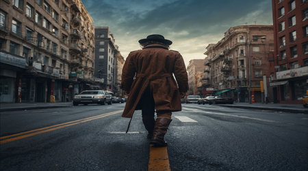 A man with a walking stick in the street of the city.の写真素材