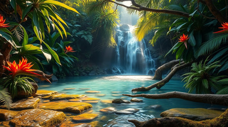 Beautiful tropical waterfall in the jungle, 3d rendering. Computer digital drawing.の写真素材