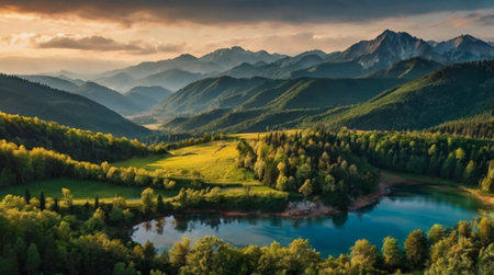 Aerial view of beautiful alpine lake in mountains at sunset.の写真素材
