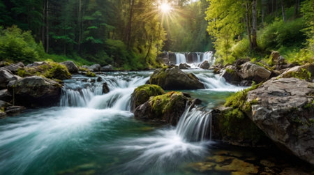 Waterfall in the forest. Beautiful summer landscape with a waterfall.の写真素材