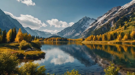 panoramic view of autumn alpine lake with reflection of mountainsの写真素材