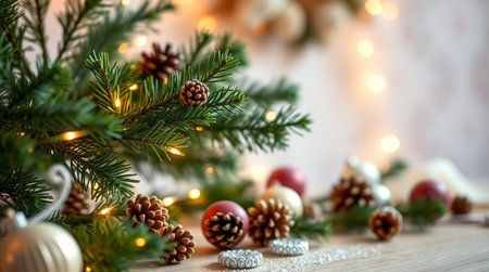 Christmas tree branches decorated with pine cones and garland lights on backgroundの写真素材