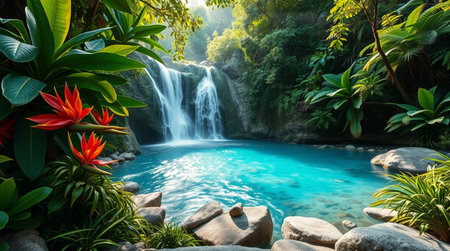 Tropical waterfall in the jungle. Landscape of tropical forest.の写真素材