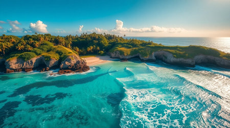 Aerial view of beautiful tropical beach with palm trees and turquoise ocean in Seychellesの写真素材