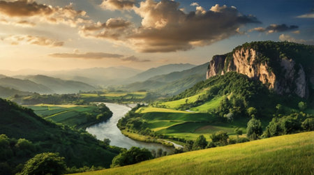 Beautiful summer landscape with the river and mountains. Ukraine, Europe.の写真素材