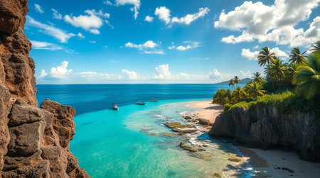 Panoramic view of beautiful tropical beach with crystal clear turquoise water and blue sky with white cloudsの写真素材
