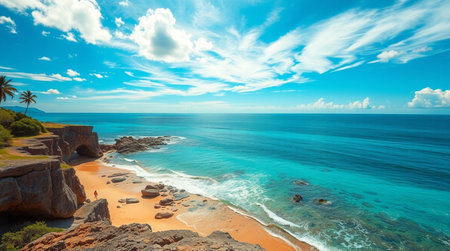 Tropical beach with turquoise water, granite rocks and palm treesの写真素材