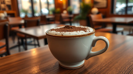 Cup of cappuccino on wooden table in coffee shopの写真素材
