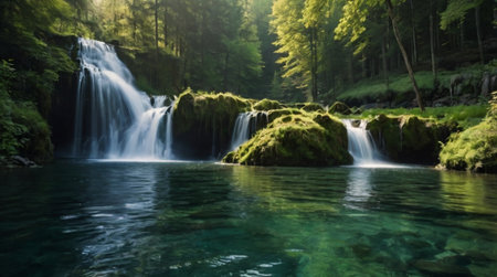 Beautiful waterfall in the forest on a sunny summer day. Landscape.の写真素材