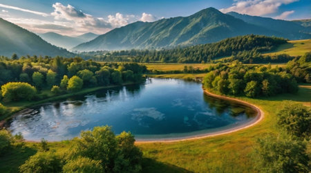Aerial view of a beautiful mountain lake surrounded by green forests.の写真素材