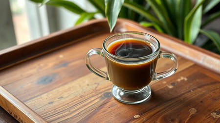 Coffee cup on wooden tray in coffee shop, stock photoの写真素材