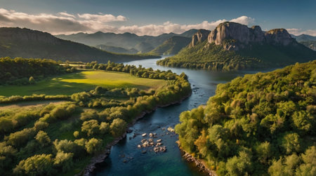 Aerial view of the mountain river. Beautiful summer landscape with mountains and river.の写真素材