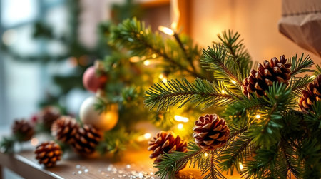 Christmas tree branches with pine cones and christmas lights on the backgroundの写真素材