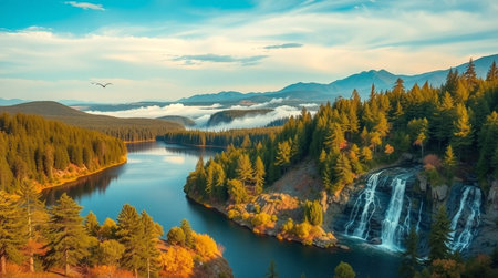 Autumn landscape with colorful forest, lake and waterfall in the mountainsの写真素材