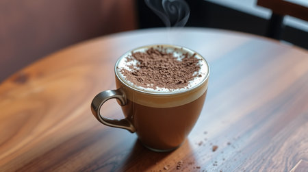 Cappuccino coffee in a cup on a wooden table.の写真素材