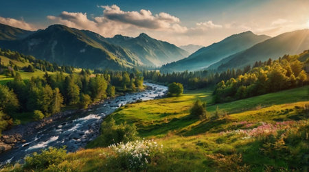 Panoramic view of mountain river. Dramatic sky. Carpathian, Ukraine, Europe. Beauty world.の写真素材