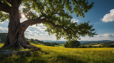 Beautiful summer landscape with big old oak tree and yellow meadowの写真素材