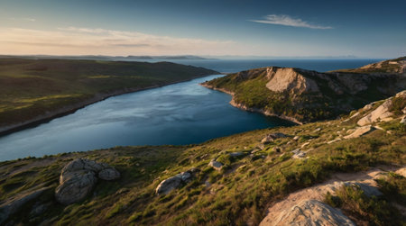 Panoramic view of a lake in the mountains at sunset.の写真素材