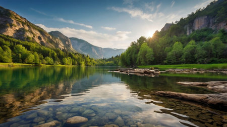 Panoramic view of the lake in the mountains. Summer landscape.の写真素材