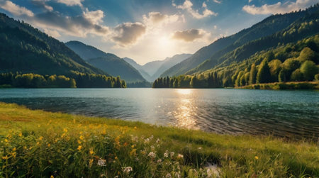 Mountain lake at sunset. Beautiful summer landscape. Mountain lake in the mountains.の写真素材