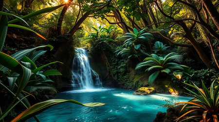 Beautiful waterfall in the tropical forest at sunset. Toned.の写真素材