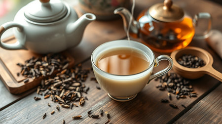 Cup of tea and teapot on wooden table, closeupの写真素材