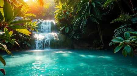 Beautiful waterfall in tropical forest at sunset. Waterfall in jungleの写真素材
