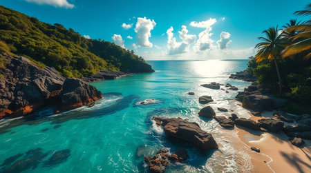 Aerial view of beautiful beach at Seychelles - nature backgroundの写真素材