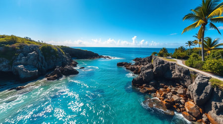 Aerial view of beautiful tropical beach and sea with coconut palm tree in paradise islandの写真素材