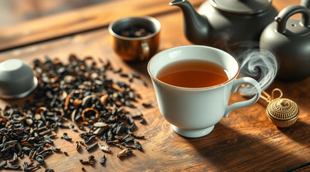 Cup of tea and teapot on wooden table, closeupの写真素材