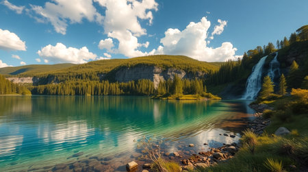 Panoramic view of a mountain lakeの写真素材