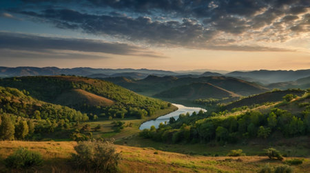 Panoramic view of the valley and the river at sunset.の写真素材