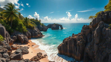 Panoramic view of beautiful beach with palm trees, rocks and turquoise sea in the backgroundの写真素材