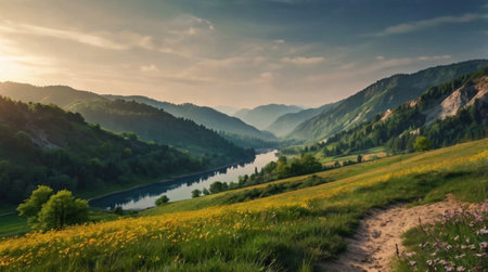 Panoramic view of the river in the Carpathian mountainsの写真素材