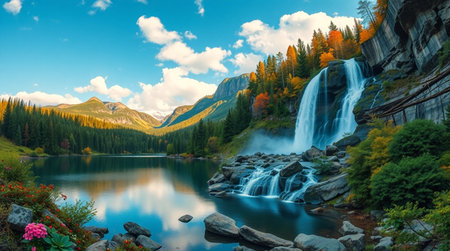 Beautiful autumn landscape with a waterfall on the background of the mountainsの写真素材
